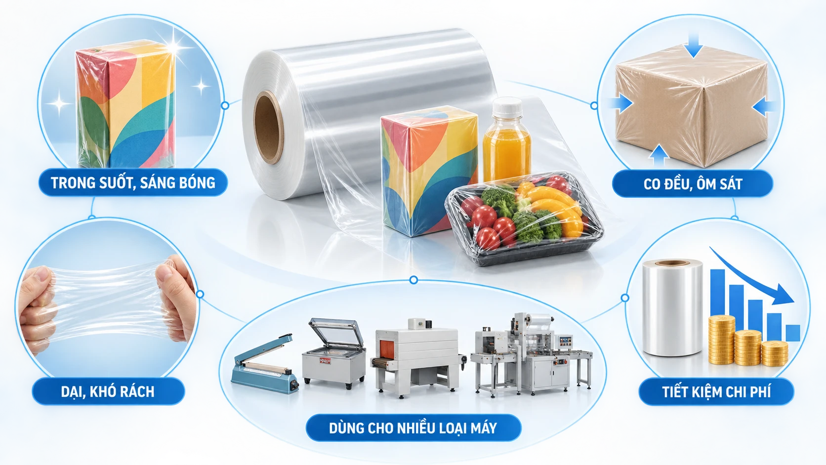 Màng Co POF Chất Lượng Cao 12 Mic, 15 Mic, 19 Mic, 25 Mic Đa Dạng Kích Thước